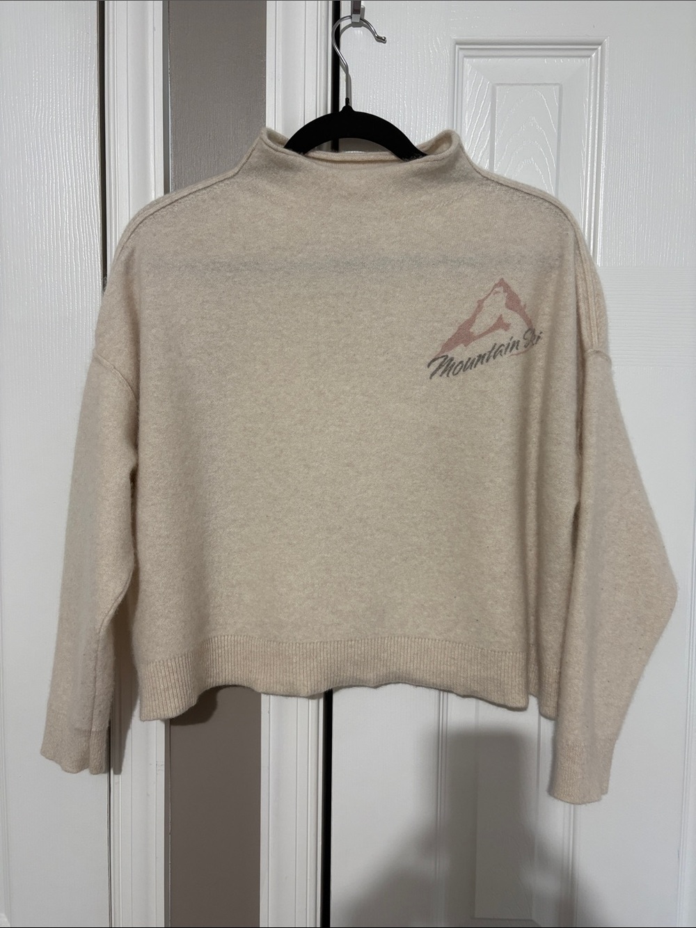 Pilcro Cream Mock Neck Sweater with Mountain Logo